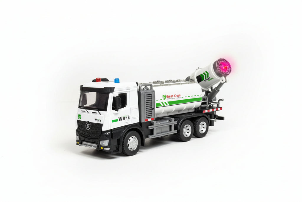 Model cement mixer truck with green and red lights on a plain background