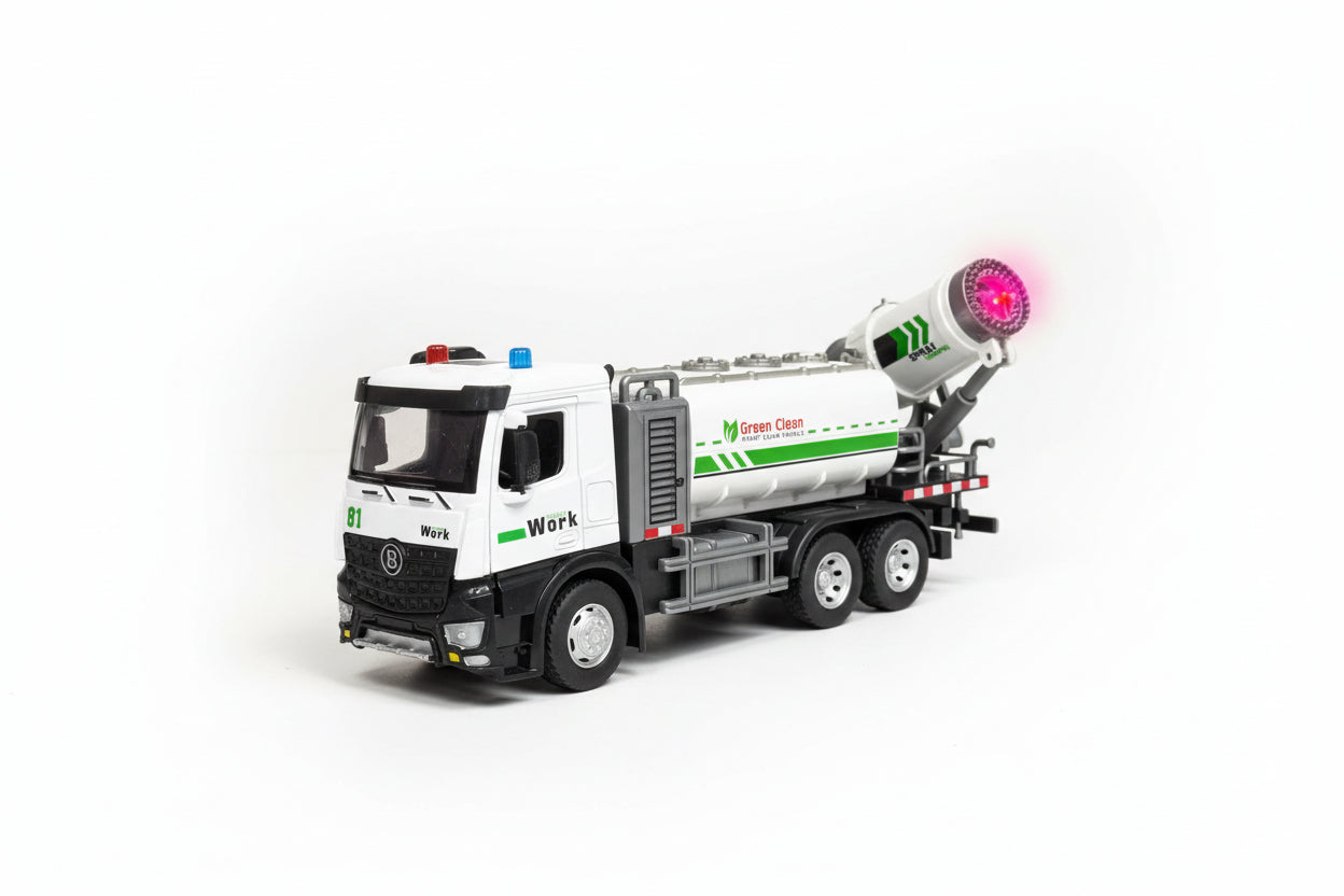 Model cement mixer truck with green and red lights on a plain background
